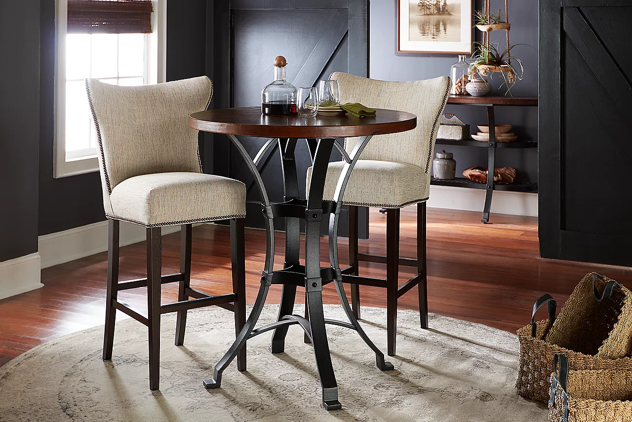 Copper Canyon Pub Table and Buffet in Copper and Owen Barstools in Linen in a room scene.